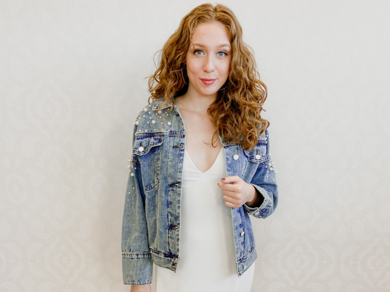 light-wash bridal jean jacket with pearl details