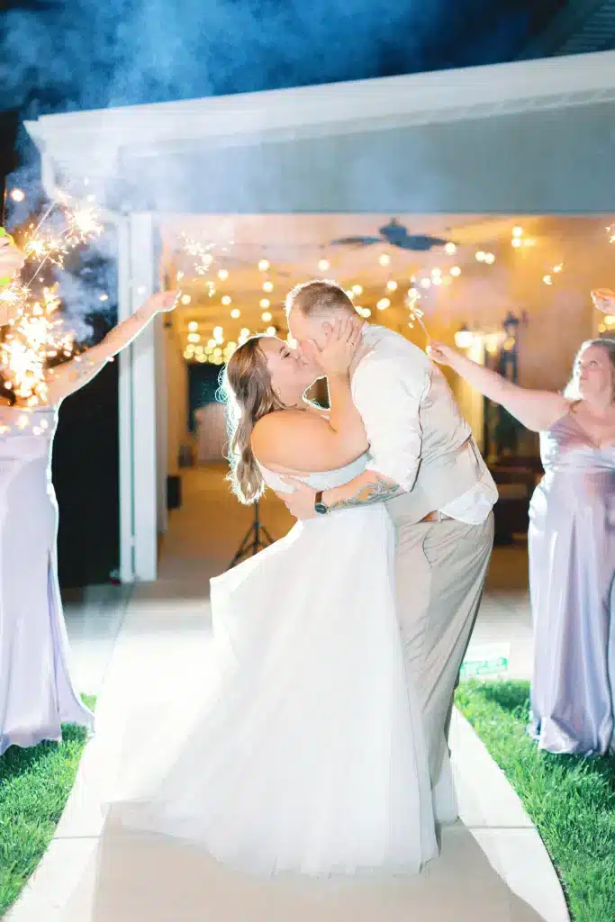 Bride And Groom At The End Of Wedding Reception Posing And Kissing With Sparklers