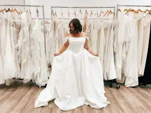 Bride In White Satin Off Shoulder Wedding Dress