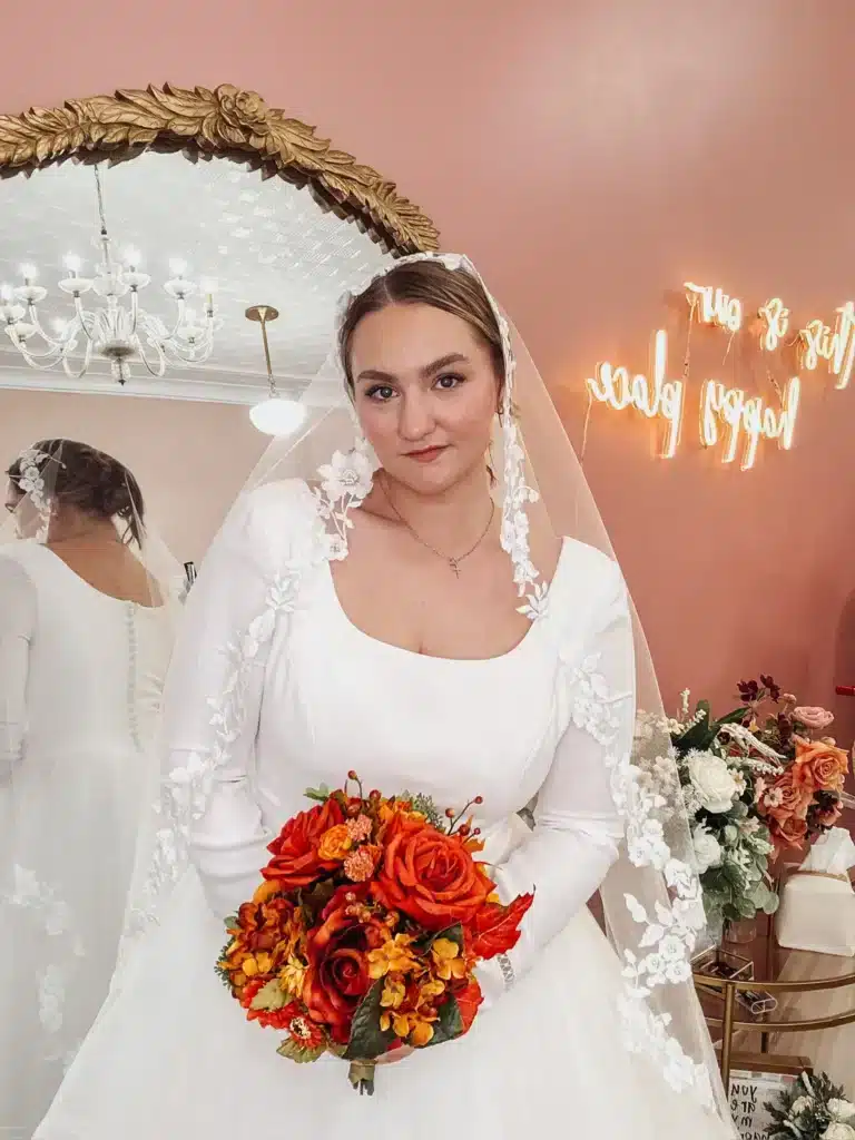 Client Wearing Modest Classic Wedding Dress