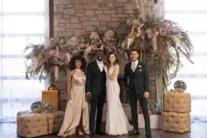 Photo Wedding Party By Styled Fireplace With Disco Balls