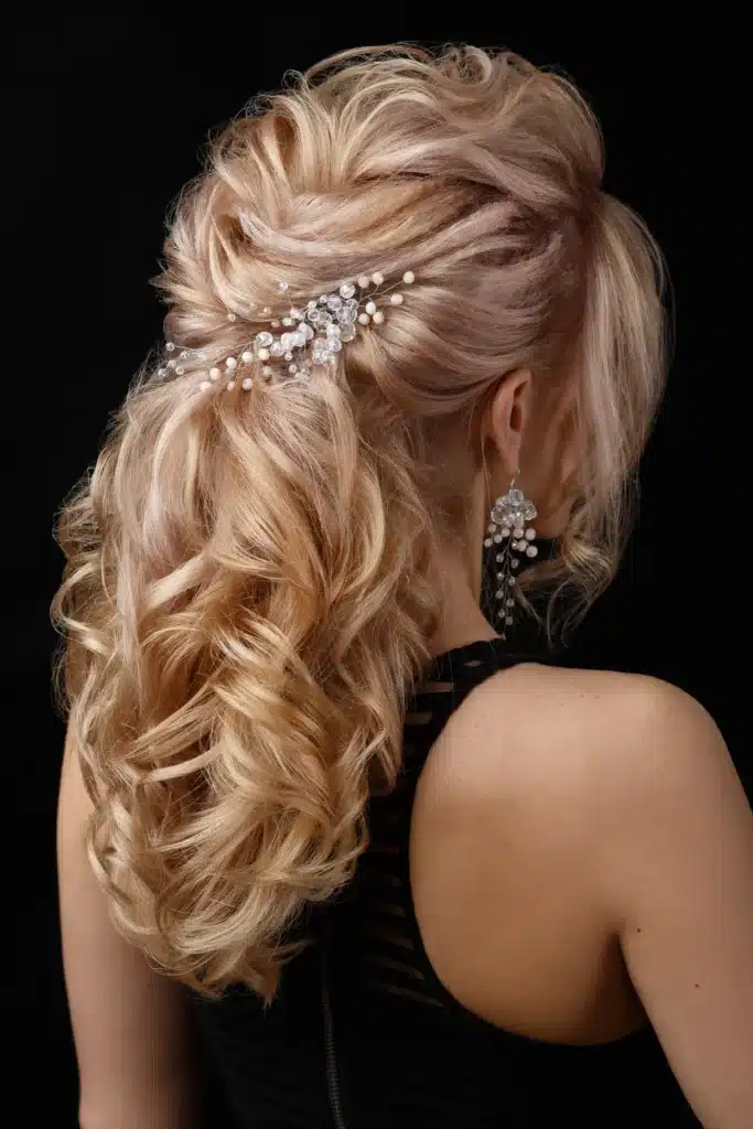 Women With Half Up Half Down Hairstyle With Babies Breath Accessory And Curls