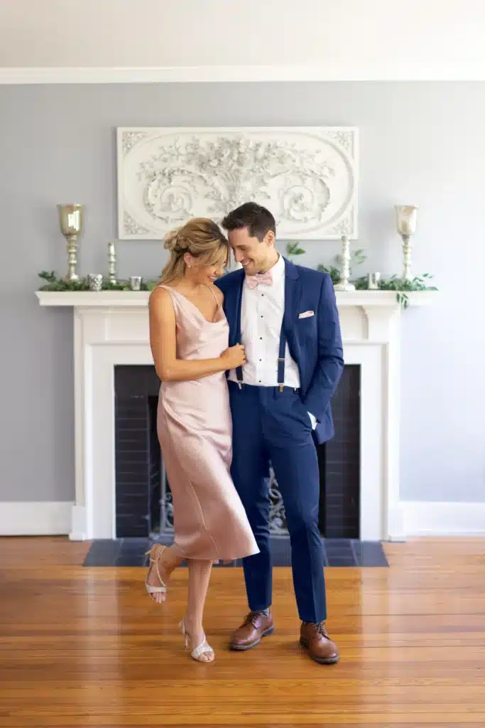 Light Pink Bridal Shower Dress With Navy Suit