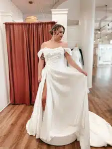 90s Inspired Wedding Dress With Short Off The Shoulder Sleeves