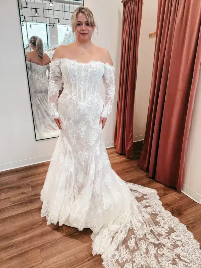 White Lace Fit And Flare Wedding Dress With Off The Shoulder Long Sleeve Lace Sleeves Tried On By Bride To Be