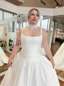 Close Up Of Scoop Square Neckline Wedding Dress With Straps