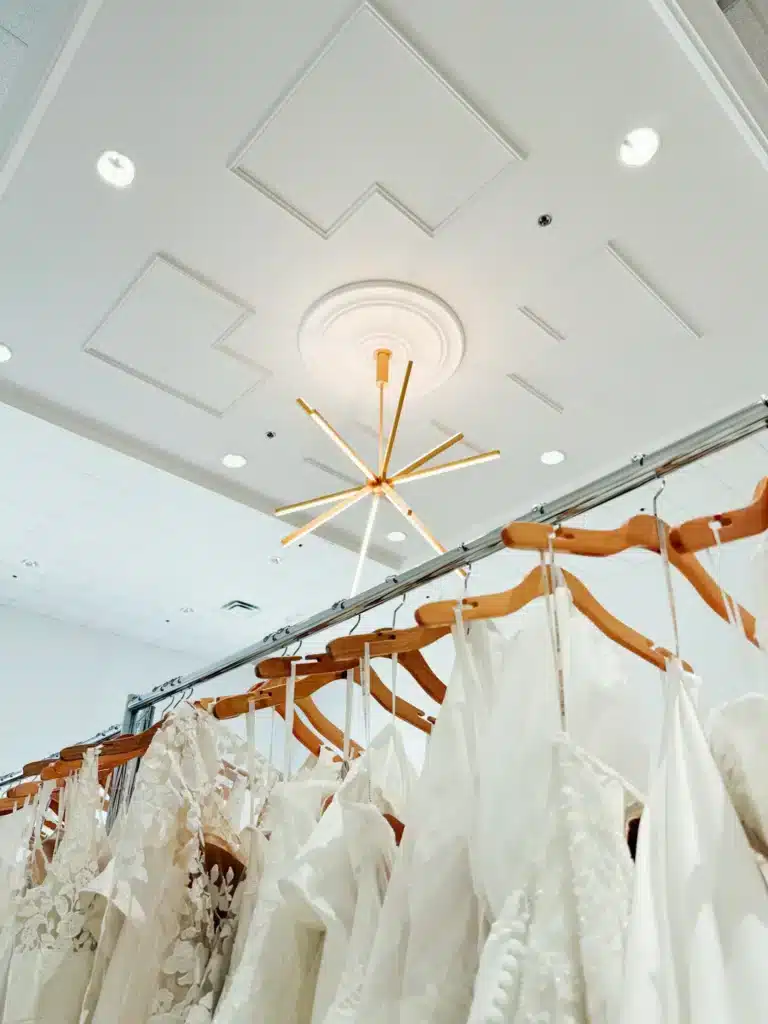 Close Up Of White Wedding Dresses On Rack At Sophias Bridal And Tux In Indianapolis