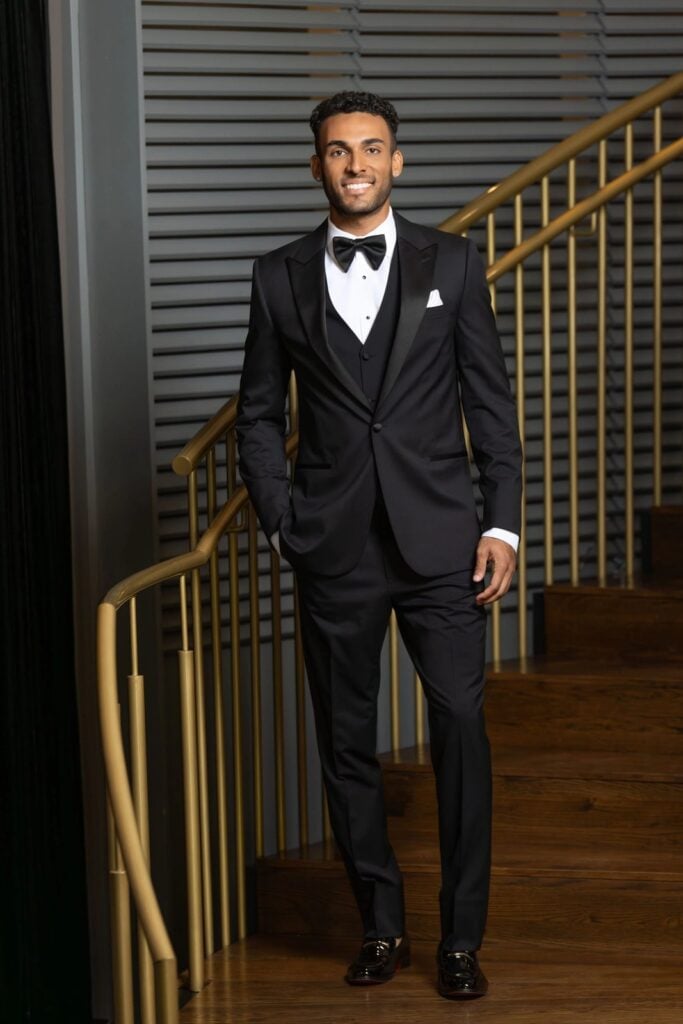 Classic black wedding tuxedo with bow tie and vest for an Indianapolis groom